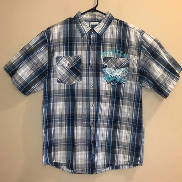 Raw Blue Plaid Short Sleeve Button Front Shirt Men’s Size 2XL - Picture 1 of 8